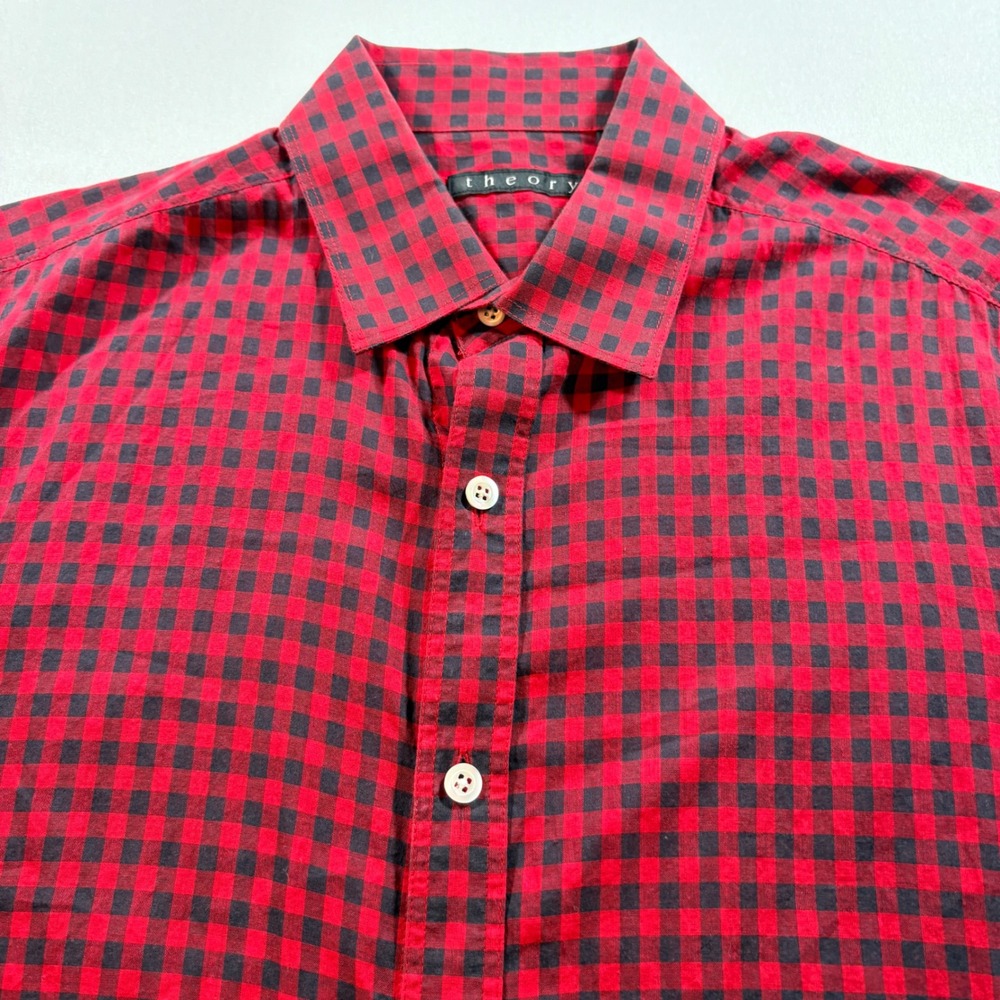 Theory Gingham Button Down Shirt Men Medium Red Black Cotton Short Sleeve Casual